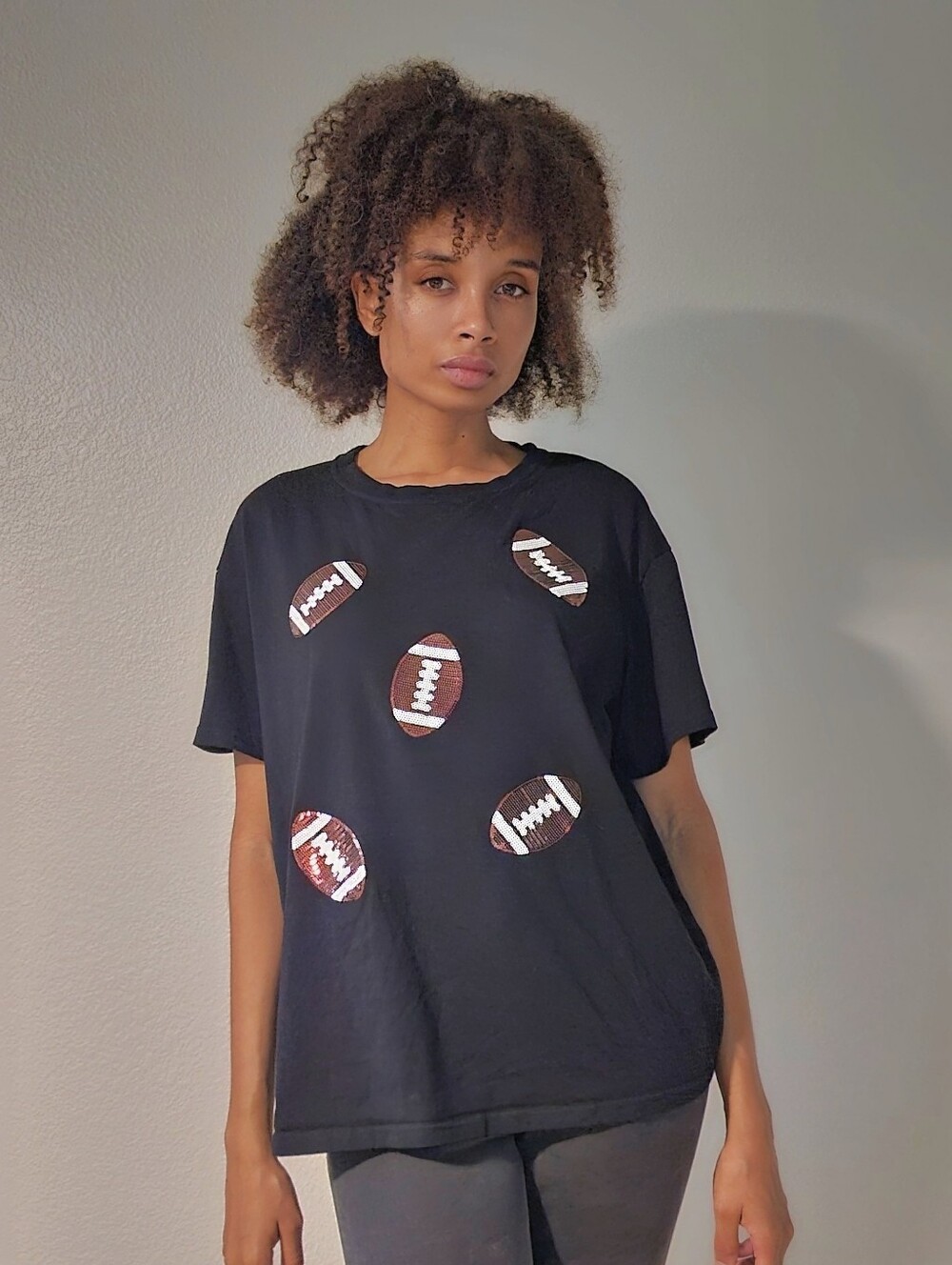 🏈 Black Sequin Football Patch Oversized Game Day Tee Size S